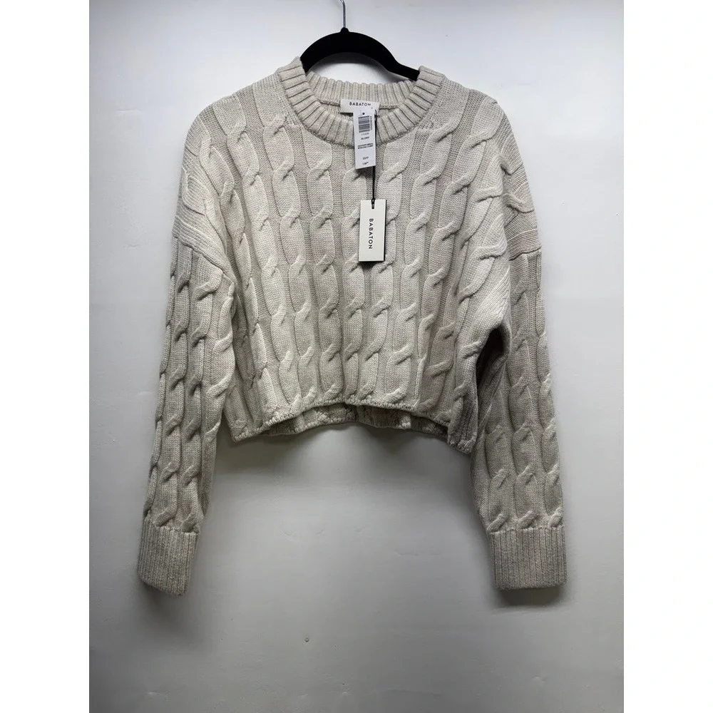 Babaton Sweater Women XS Heather Birch Glory Cable Knit Merino Wool‎ Cropped
